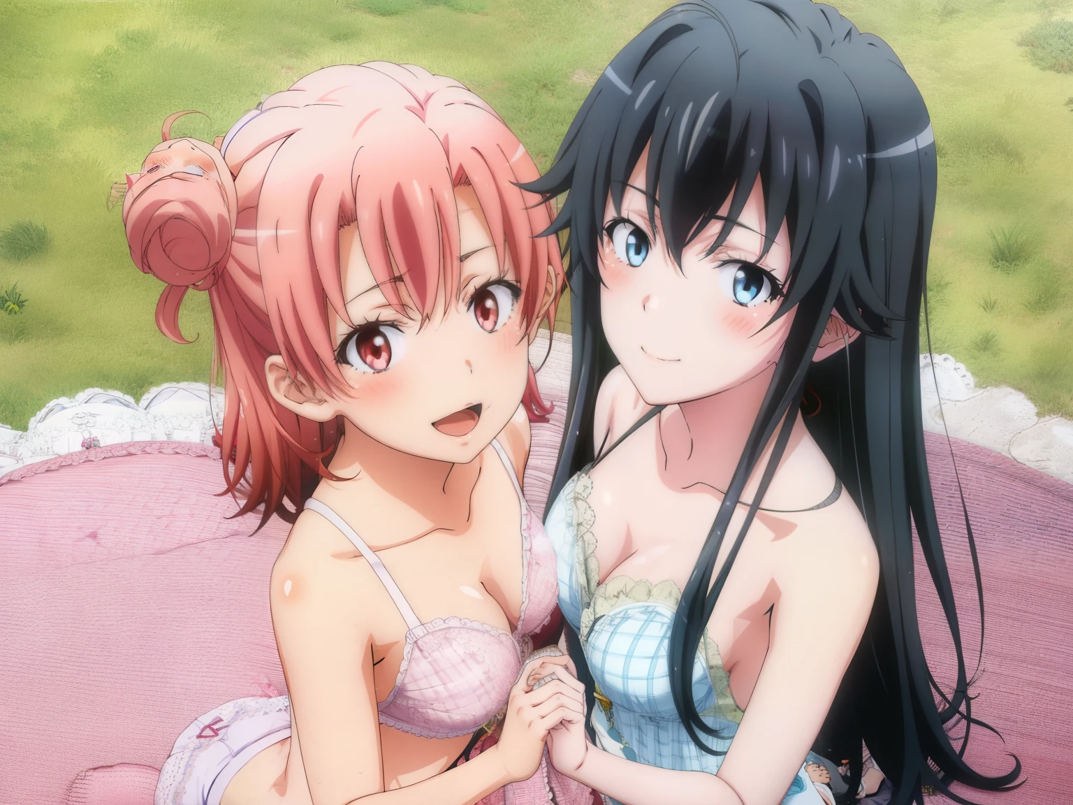 2 girls , Yukinoshita Yukino , yuigahama yui , waltz dance , In underwear,high angle,blush,