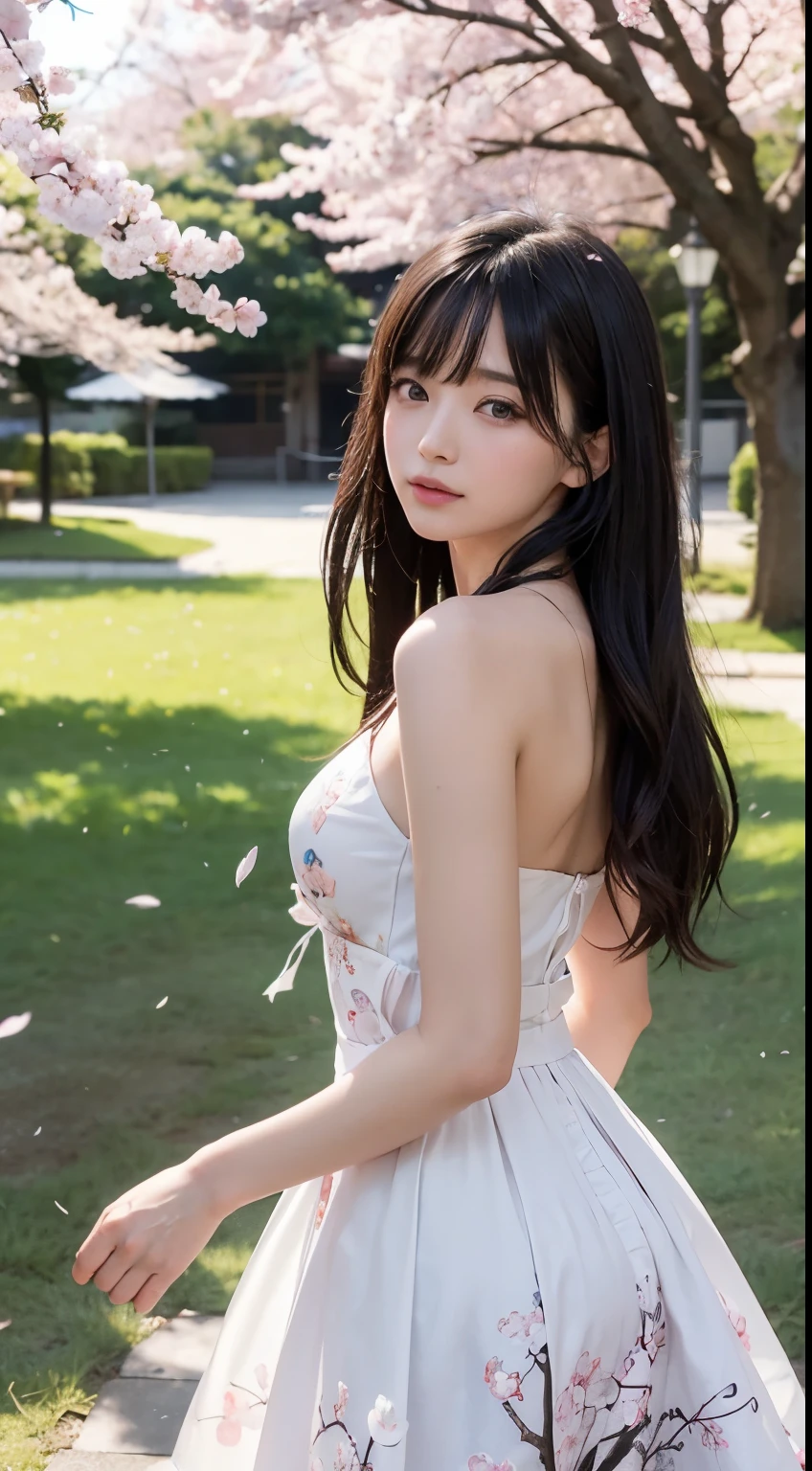 (logo、masterpiece、8K、table top、Raw photo、wonderful、最high quality、フォトリアリスティックでvery detailedな CG 統合 8k 壁紙、high quality、very detailed、Narrative poem、particle effects、dynamic effects、written boundary depth、cinematic light、Lens flare、ray tracing)、fantasy、 (1 beautiful woman、dress、dress、Cherry blossom pattern、black haired、beautiful face、real face、beautiful details eyes beautiful skin)、髪がWindで踊る、Hair flutters in Wind、hair bounces、Pink cherry blossom tree、petals dance、SakuraFubuki、wonderful景色、sunrise、Sun in the background、Wind、