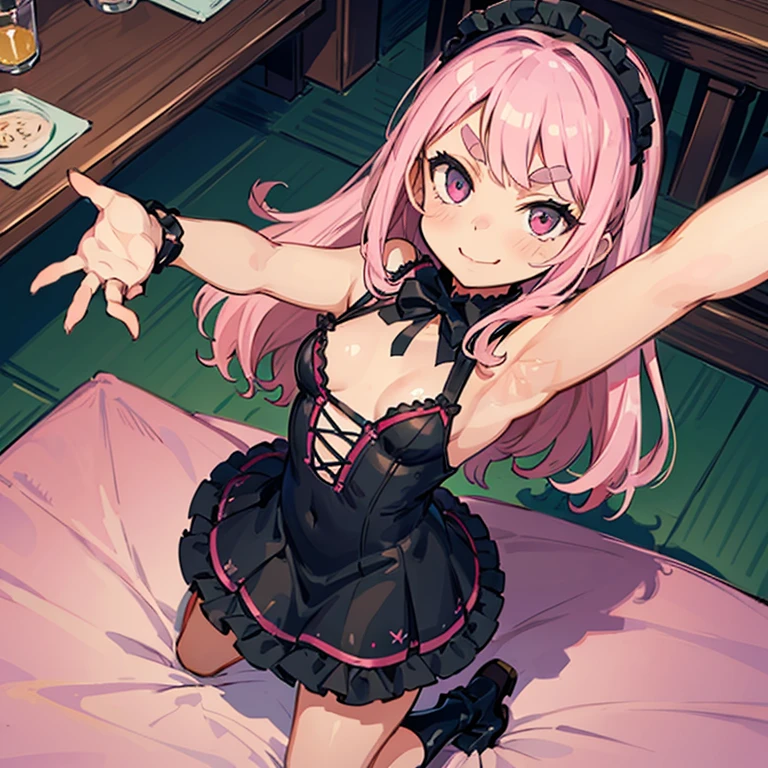Girl with pink hair, long double-tailed hairstyle, ((small pink bushy eyebrows)), wearing ta clothing, marked vagina, loli(Zankuro) drawing style by zankuro artist, Zancro style, image uploaded to R34, flirty smile , ((showing the pubes)) in a restaurant, facing the camera, camera from above, looking with a very flirtatious face, with her breasts out, inviting to have sex with her legs open, stretching her hands to be taken in her arms
