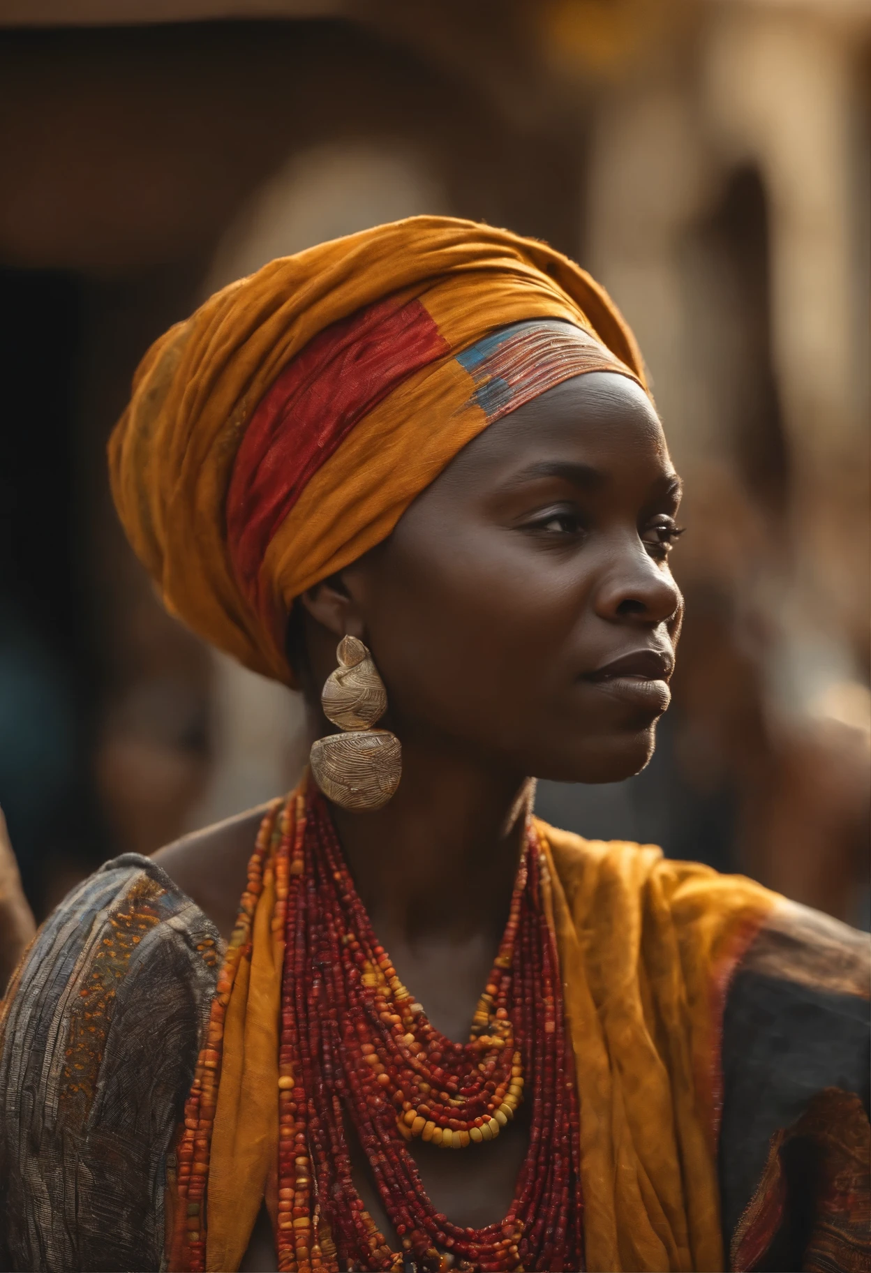 MULHER africana negra persa dos tempos antigos, muito realista , cheveux noirs avec turban, textura natural da pele, 24mm, Texturas 4k, soft cinematic light, Foto bruta, fotorrealismo, fotorrealista, complexo, elegante, altamente detalhado, sharp focus, ((((((cinematic appearance)))), tons doux, detalhe insano, detalhes intrincados, hiperdetalhado, alto contraste, soft cinematic light, Cores escuras, exposure mix, HDR, faded An image of a stunning black woman depicted in vibrant colors and patterns, celebrating her African heritage. A obra de arte apresenta detalhes intrincados e pinceladas ousadas, capturing the essence of her beauty and radiance. The image is ideal for a contemporary, culturally inspired piece of wall art. oil painting of a young and very beautiful Hausa woman, em frente a um mercado, roupas coloridas ricas, turbante e joias hausa douradas, fechar-se, pose e atitude reais