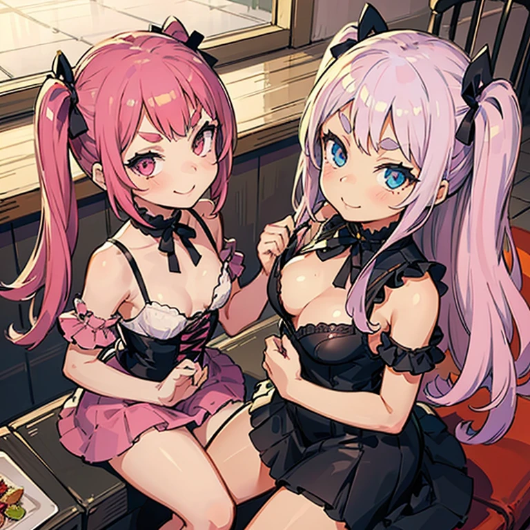 Girls with pink hair, long double-tailed hairstyle, ((small pink bushy eyebrows)), wearing ta clothing, marked vagina, loli(Zankuro) drawing style by zankuro artist, Zancro style, image uploaded to R34, flirty smile , ((showing the pubes)) in a restaurant, facing the camera, camera from above, looking with a very flirtatious face, with her breasts out, inviting to have sex with her legs open,