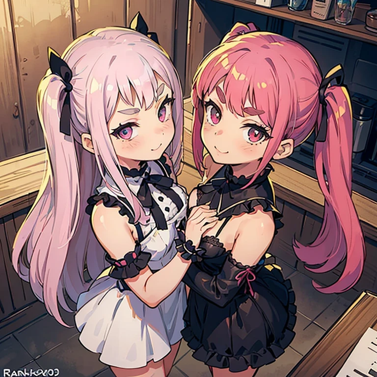 2 Girls with pink hair, long twin-tail hairstyle, ((small pink bushy eyebrows)), dressed in gothic ****ta clothing, ****con (Zankuro) drawing style by zankuro artist, Zancro style, image uploaded to R34, ((flirty smile)) , in restaurant, lifting her dress to show her wide and naked hips, underwear in her hands, ((with a question expression )) semen on mouth