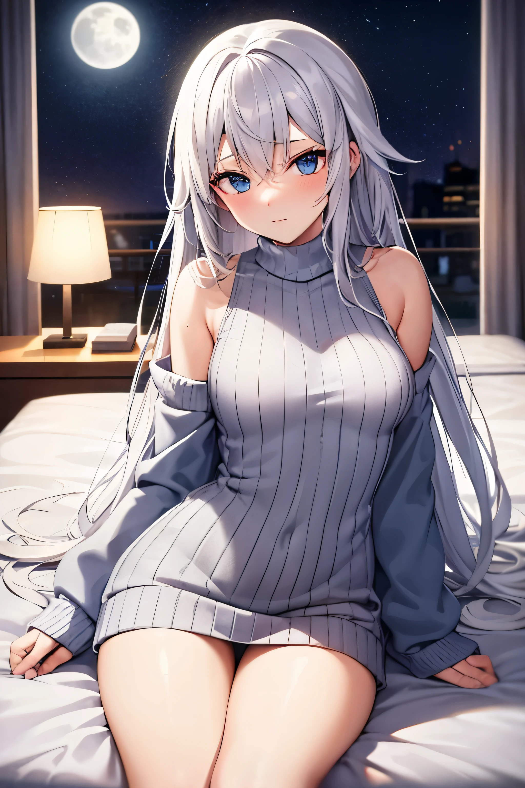 long White hair, blue eyes, 16 years, inocent Russian girl, wearing a long sweater, sleepy face, Spread armpit, in the bed,facing the window with the moon and stars shining
