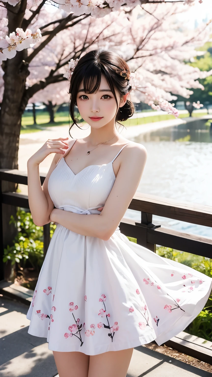 (logo、masterpiece、8K、table top、Raw photo、wonderful、最high quality、フォトリアリスティックでvery detailedな CG 統合 8k 壁紙、high quality、very detailed、Narrative poem、particle effects、dynamic effects、written boundary depth、cinematic light、Lens flare、ray tracing)、fantasy、 (1 beautiful woman、dress、dress、Cherry blossom pattern、black haired、beautiful face、real face、beautiful details eyes beautiful skin)、髪がWindで踊る、Hair flutters in Wind、hair bounces、Pink cherry blossom tree、petals dance、SakuraFubuki、wonderful景色、sunrise、Sun in the background、Wind