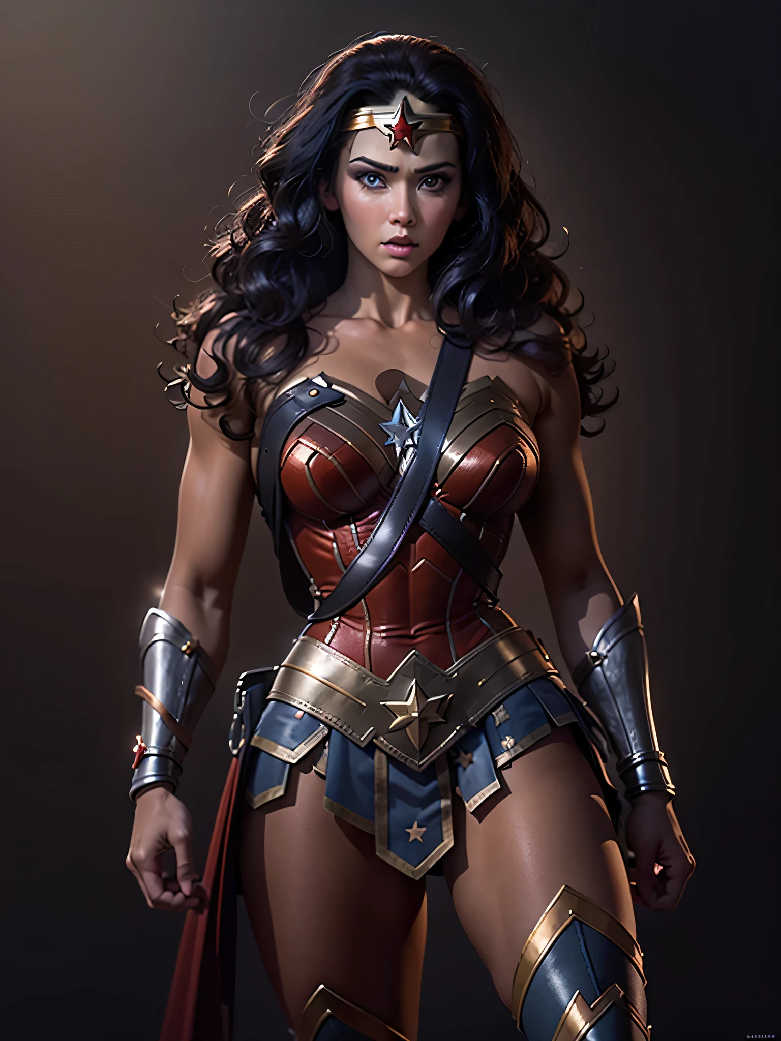 Wonder Woman, natural hair, realistic portrait, 4k, supreme detail, highly detailed, smooth, sharp focus, cinematic lighting,dark studio, rim lighting,  poorly lit, discreet, full body,  realistic pose, with detailed and proportional feet and hands, standing, jaydenjameslora