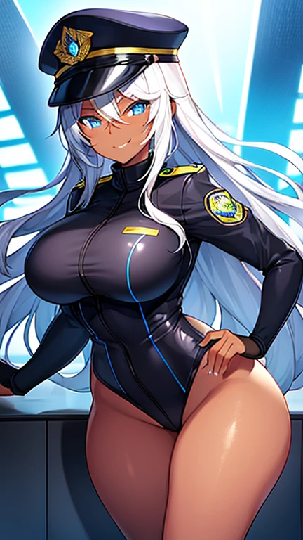 1girl, dark skin, dark-skinned female, police uniform, police, leotard, black leotard, white hair, long hair, blue eyes, police hat, large breasts, wide hips, thick thighs, futuristic, neon trim, science-fiction, machinery, tech, blue trim, neon, toned, toned female, neon lights, smile, bare legs, smirk, smug
