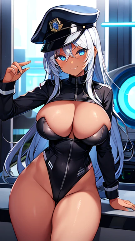 1girl, dark skin, dark-skinned female, police uniform, police, leotard, black leotard, white hair, long hair, blue eyes, police hat, large breasts, wide hips, thick thighs, futuristic, neon trim, science-fiction, machinery, tech, blue trim, neon, toned, toned female, neon lights, smile, bare legs, smirk, smug