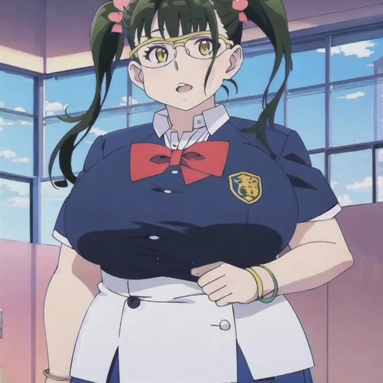 (masterpiece, best quality:1.2), 1girl, solo,chuby,plump,gigantic breasts,thick tighs,wide hip,brack hair,twintail,eye glasses,yellow eyes,school uniform,