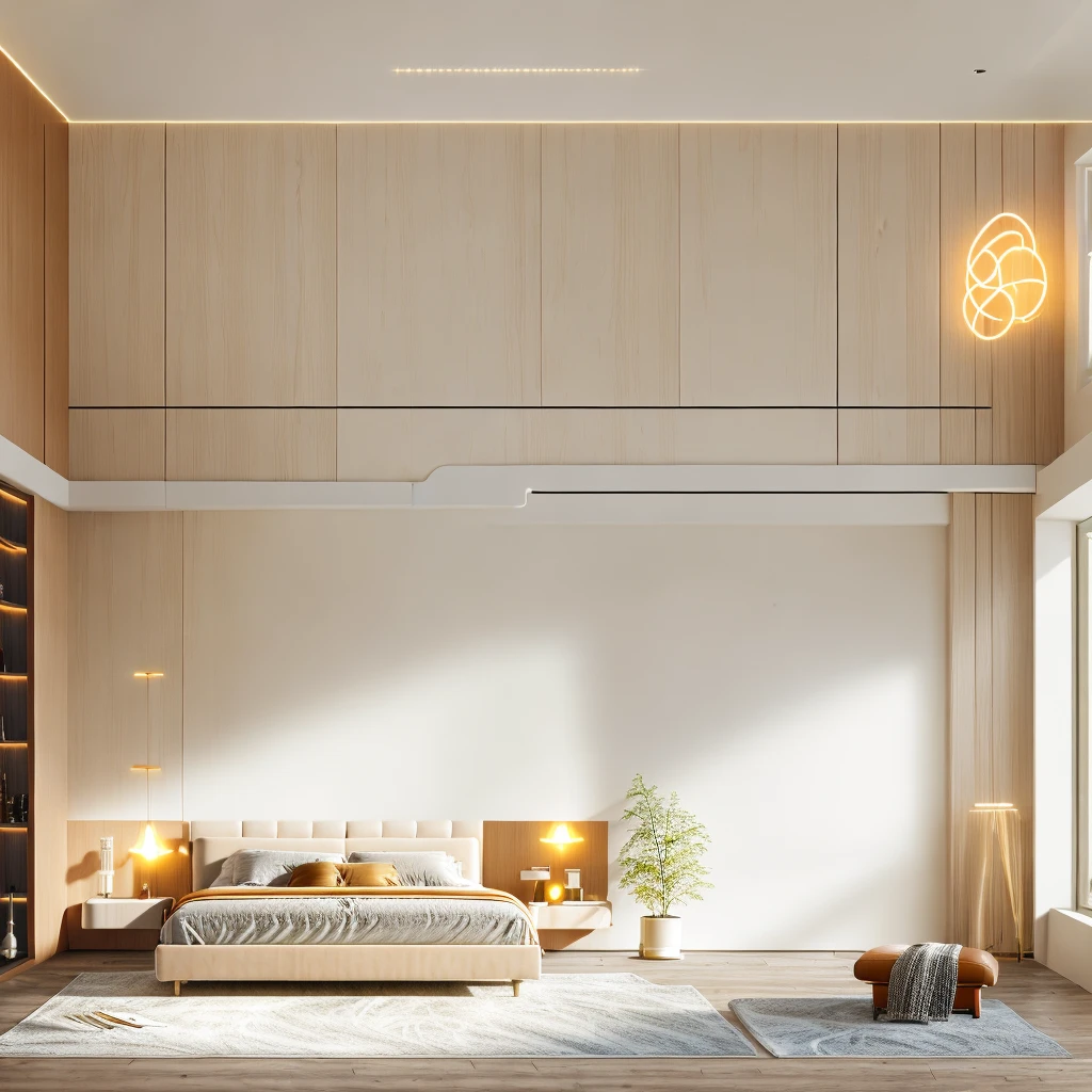 bed room, interior design modern apartment space, (white and beige tones), (xingfa door, pot plant), (An Cuong Wooden Furniture modern Style), (An Cuong wood with MDF surface glued with melamine coating), (architectural visualization style:1.2), (leather:1.2), (rug), (reflection), (focus on object), (material normal bump real reflection), (pillow, blanket), a bed with tab lamp, (scattered light) ((((volumetric light))) (multi-beam light) (sunbeam) (multi-level reflection), (grossy wooden floor), {warm led light|4000k|lamp light}, (day sky background), (corona software visualization render:1.2)