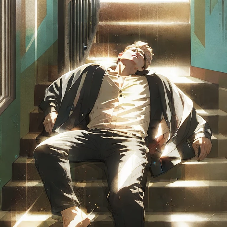 (masterpiece, best quality:1.2), a men is laying down on the stair, he is turning his head to the right and tilting his head back, relaxed, comfortabled, cozy, unbothered, carefree, cinematic sunlight, sunlight through windows, cinematic scenery, light effects, expanding landscape, wallpaper