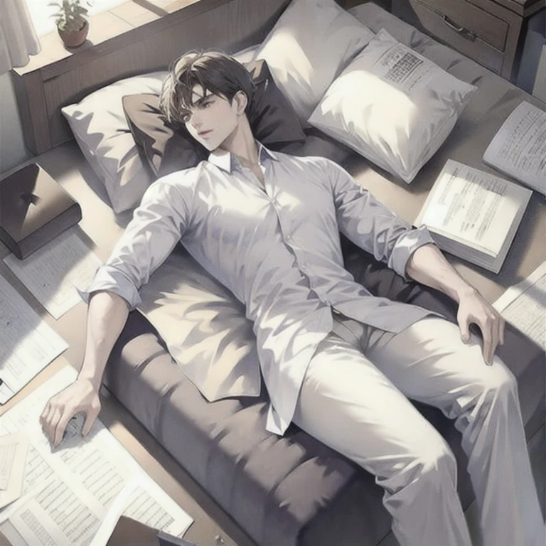 (masterpiece, best quality:1.2), a men is laying down on the bed and relaxing, messy paper works and books, bed and pillows, relaxed, comfortabled, cozy, unbothered, carefree, cinematic lightting, dim room, cinematic scenery, light effects, expanding landscape, wallpaper