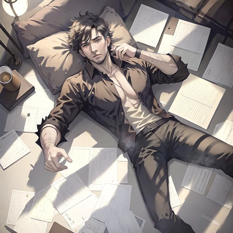 (masterpiece, best quality:1.2), a men is laying down on the bed and relaxing, messy paper works and books, bed and pillows, relaxed, comfortabled, cozy, unbothered, carefree, cinematic lightting, dim room, cinematic scenery, light effects, expanding landscape, wallpaper