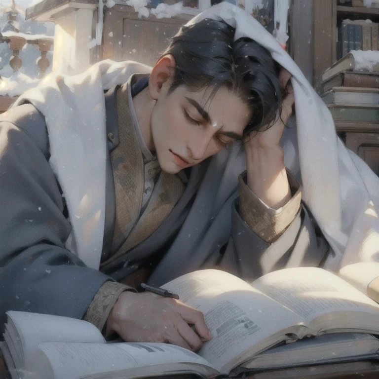 (masterpiece, best quality:1.2), a men is sleeping on a book, his face is laying on the book, relaxed, comfortabled, cozy, unbothered, carefree, cinematic sunlight, cinematic scenery, light effects, wind blow, clean scenery, expanding landscape, wallpaper