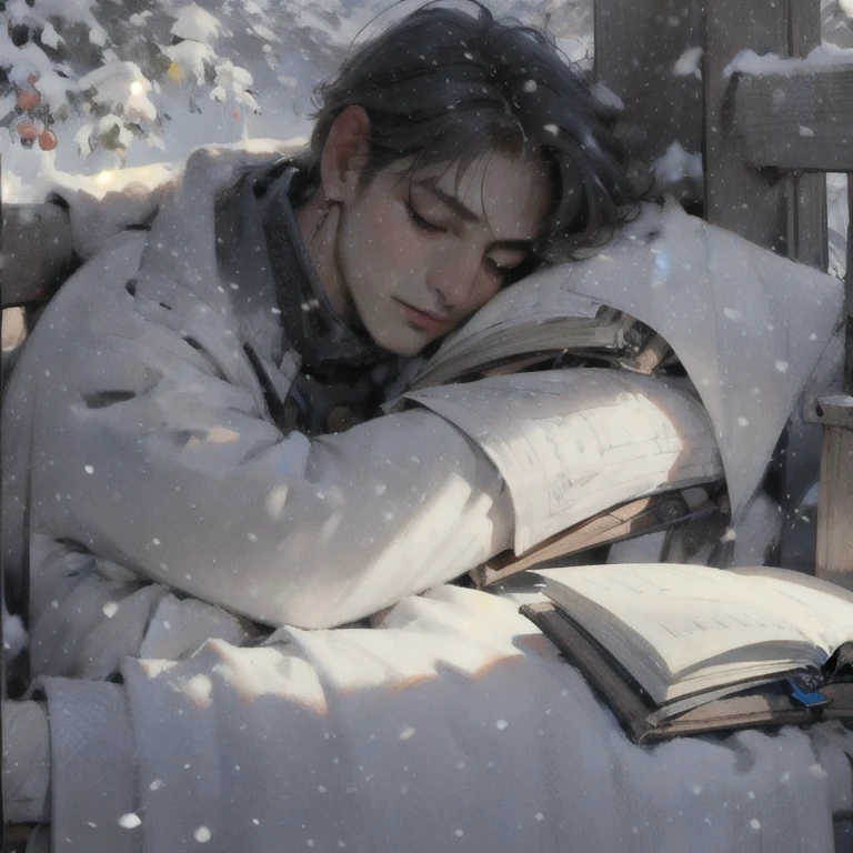 (masterpiece, best quality:1.2), a men is sleeping on a book, his face is laying on the book, relaxed, comfortabled, cozy, unbothered, carefree, cinematic sunlight, cinematic scenery, light effects, wind blow, clean scenery, expanding landscape, wallpaper