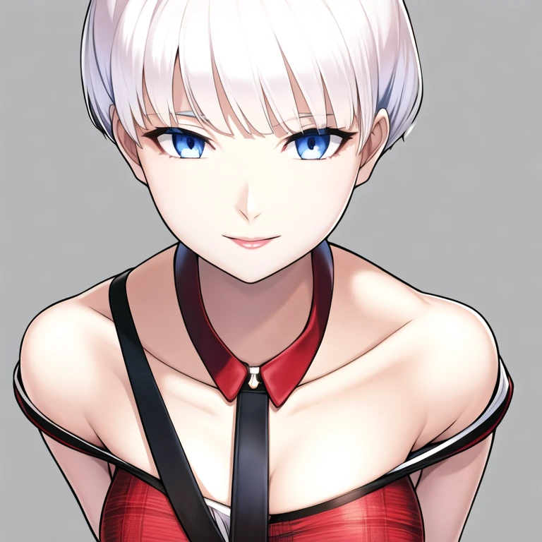 (masterpiece, best quality:1.2), 1girl, solo,(white_hair:1.4),(Very_short_hair:1.2),(bluegray_eyes:1.2),Bust size C,Height 167cm,Chest 83 cm, Waist 53 cm, Hips 87 cm,beautiful skin,eyes like crystal,Glossy lips,lovely eyes,Pale pink lips,Pale pink nipples,Personal Color:sophisticate,9-Head-to-body ratio,Cheerful,Patterned underwear on white background,Accurate genitalia,Accurate Body,