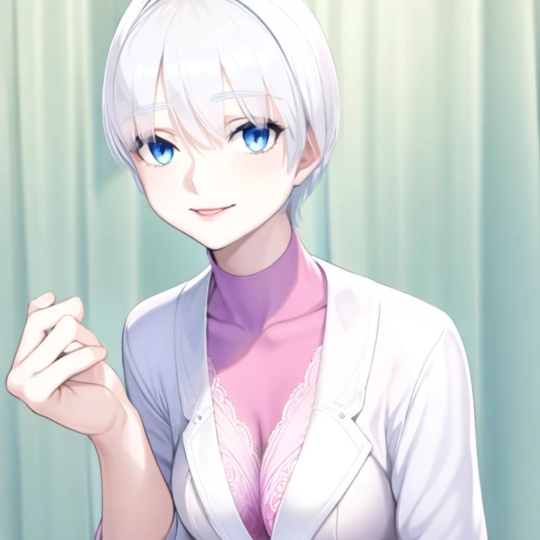 (masterpiece, best quality:1.2), 1girl, solo,(white_hair:1.4),(Very_short_hair:1.2),(bluegray_eyes:1.2),Bust size C,Height 167cm,Chest 83 cm, Waist 53 cm, Hips 87 cm,beautiful skin,eyes like crystal,Glossy lips,lovely eyes,Pale pink lips,Pale pink nipples,Personal Color:sophisticate,9-Head-to-body ratio,Cheerful,Patterned underwear on white background,Accurate genitalia,Accurate Body,