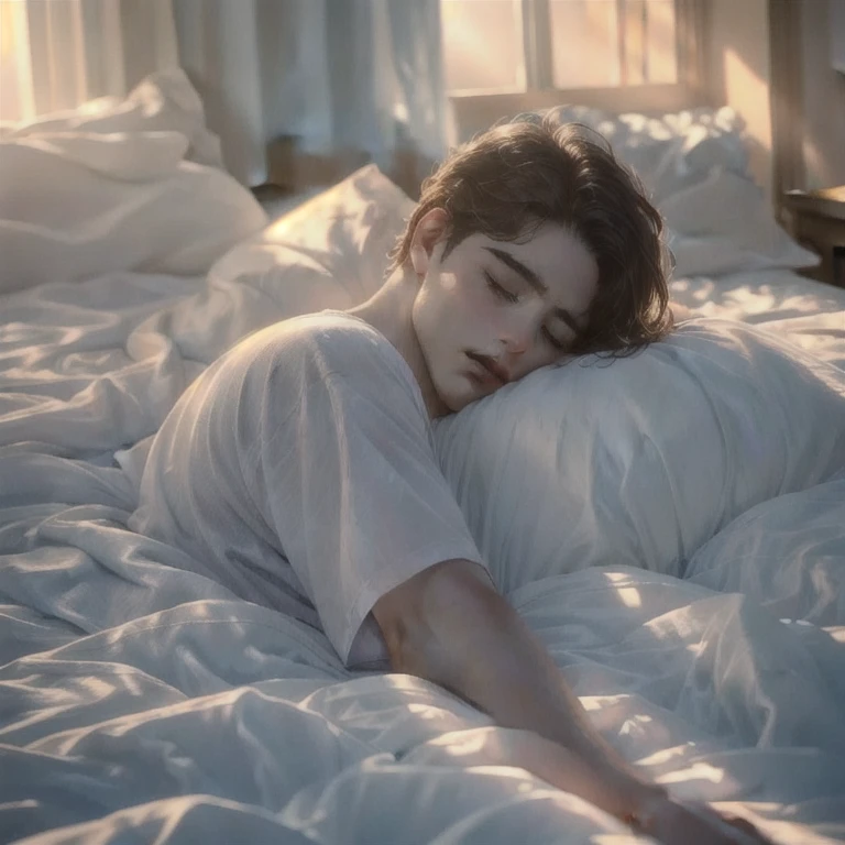 (masterpiece, best quality:1.2), a men is sleeping on the bed, closing eyes, soft bed and pillows, relaxed, comfortabled, cozy, unbothered, carefree, cinematic lighting through window, dramatic sunlight, dim room, cinematic scenery, light effects, expanding landscape, wallpaper