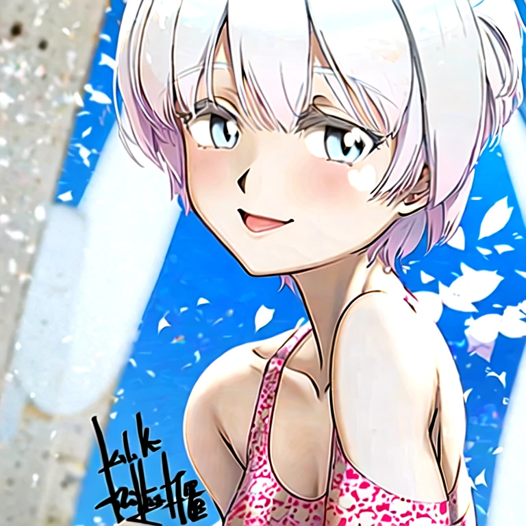 (masterpiece, best quality:1.2), 1girl, solo,(white_hair:1.4),(Very_short_hair:1.2),(bluegray_eyes:1.2),Bust size C,Height 167cm,Chest 83 cm, Waist 53 cm, Hips 87 cm,beautiful skin,eyes like crystal,Glossy lips,lovely eyes,Pale pink lips,Pale pink nipples,Personal Color:sophisticate,9-Head-to-body ratio,Cheerful,Patterned underwear on white background,Accurate genitalia,Accurate Body,