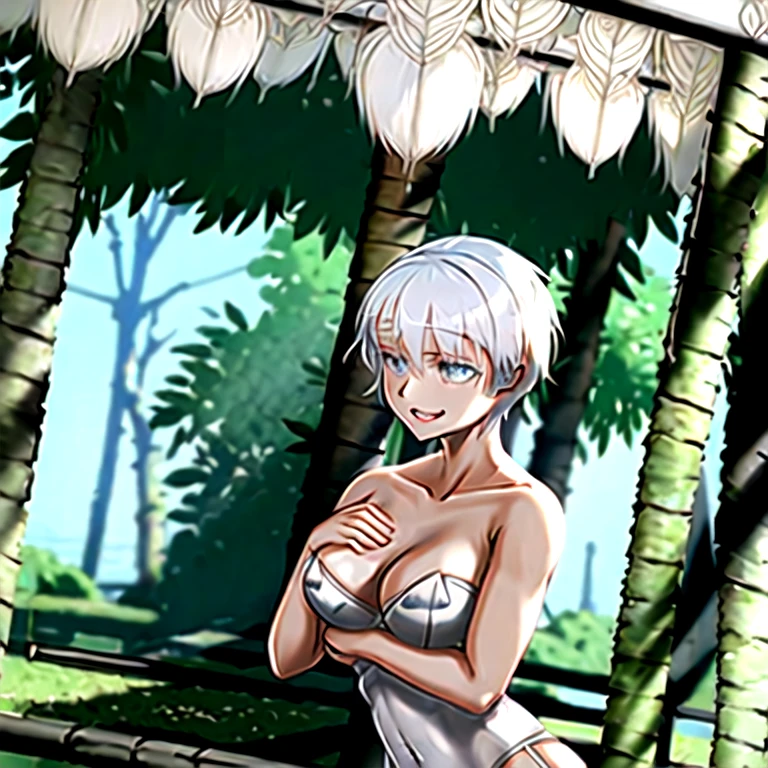 (masterpiece, best quality:1.2), 1girl, solo,(white_hair:1.4),(Very_short_hair:1.2),(bluegray_eyes:1.2),Bust size C,Height 167cm,Chest 83 cm, Waist 53 cm, Hips 87 cm,beautiful skin,eyes like crystal,Glossy lips,lovely eyes,Pale pink lips,Pale pink nipples,Personal Color:sophisticate,9-Head-to-body ratio,Cheerful,Patterned underwear on white background,Accurate genitalia,Accurate Body,