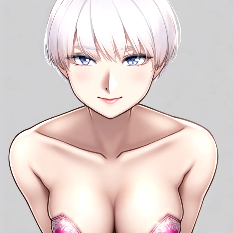 (masterpiece, best quality:1.2), 1girl, solo,(white_hair:1.4),(Very_short_hair:1.2),(bluegray_eyes:1.2),Bust size C,Height 167cm,Chest 83 cm, Waist 53 cm, Hips 87 cm,beautiful skin,eyes like crystal,Glossy lips,lovely eyes,Pale pink lips,Pale pink nipples,Personal Color:sophisticate,9-Head-to-body ratio,Cheerful,Patterned underwear on white background,Accurate genitalia,Accurate Body,