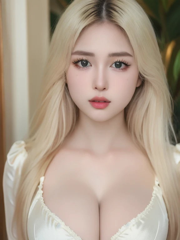 (realistic、masterpiece、Best Quality、8K、highres、high resolution:1.3)、1 girl、Huge breasts、white bikini、pale white skin、looking at viewers、super fine face and eyes、long blonde hair、indoor、 upper body、