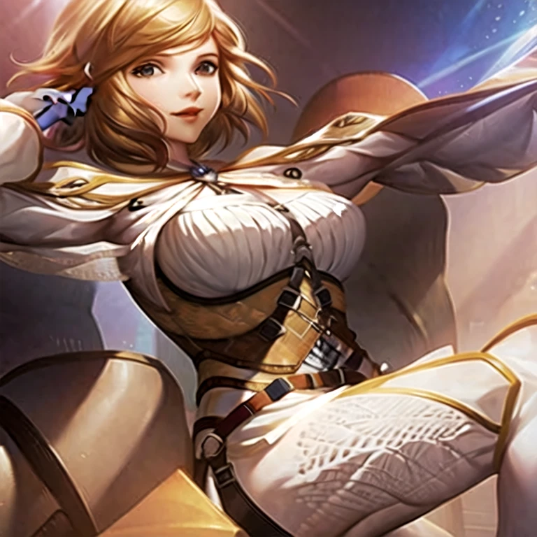 (masterpiece, best quality:1.2,simple background,white background),1girl,solo,sarah \(final fantasy\),blonde hair,brown eyes,breasts,looking at viewer,short hair,belt,belt buckle,detached sleeves,smile,clothes