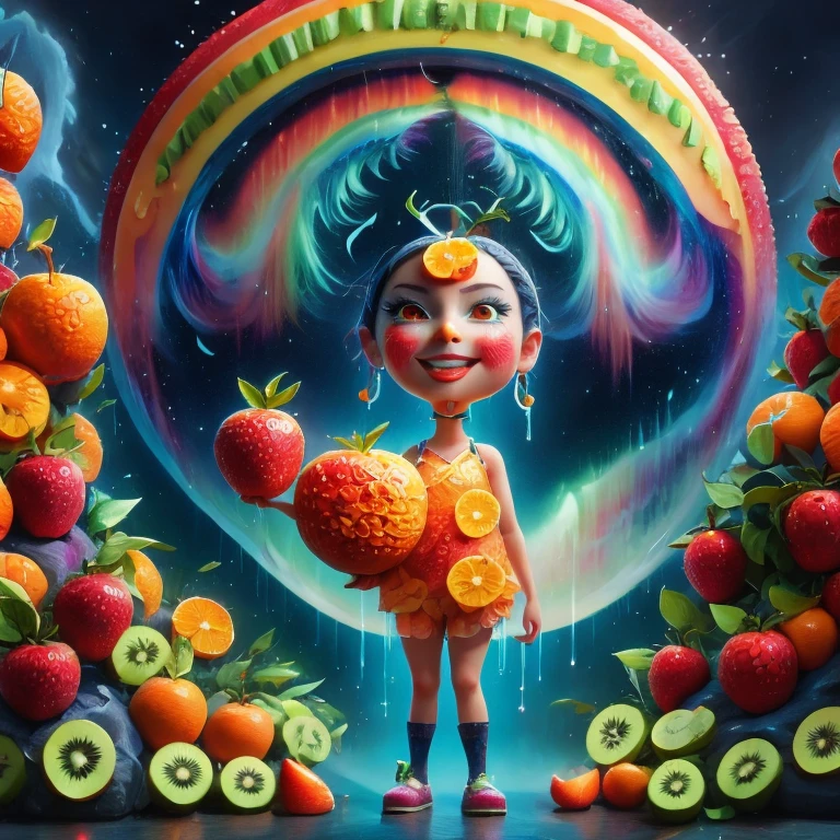 1 girl, solo, imaginative depiction, the girl stands upright in a casual posture, the body is made of orange, watermelon, kiwi, strawberry and other brightly colored fruit slices, showing a rainbow-like mosaic effect, the face is detailed And expressive, elegantly shaped by tangerine peel and blueberry eyes, (master level:1.2), Super details, Realistic, (Photorealism:1.3), first-person view, UHD, masterpiece, ccurate, anatomically correct, super detail, best quality, 8k