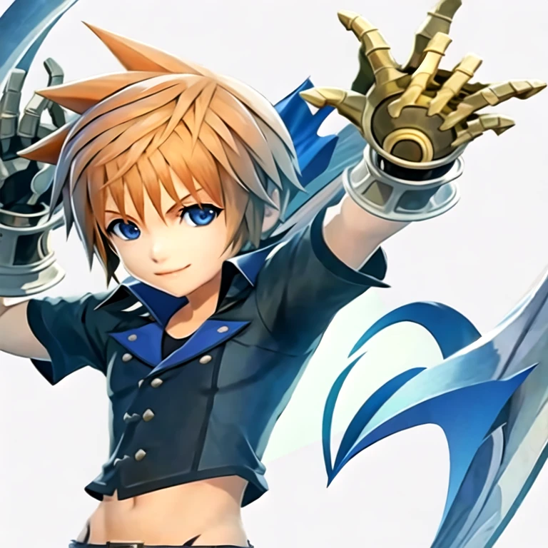 (masterpiece, best quality:1.2,simple background,white background),1boy,solo,lann \(final fantasy\),blonde hair,blue eyes,looking at viewer,smile,black shirt,gloves,short sleeves