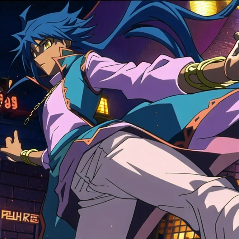 (masterpiece, best quality:1.2), 1boy, solo, Aigami, blue hair, anime, pants, jewelry, coat, long sleeves, braids, yellow eyes, magic background