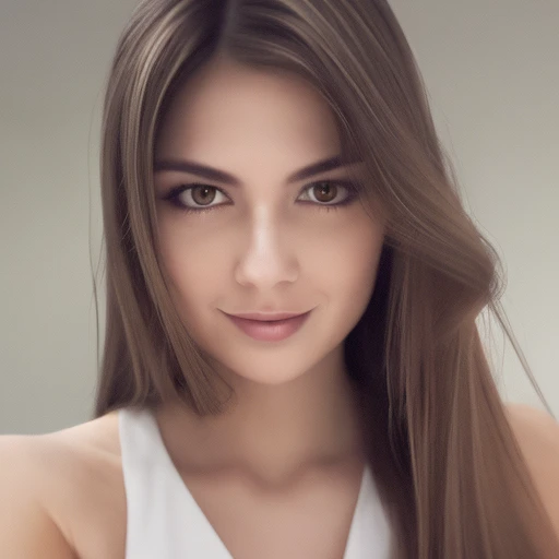 Generate a portrait of a single, attractive brunet woman with long hair, directly facing the camera, capturing her in the natural essence of portrait photography. The image should embody the quality of studio lighting, akin to a photograph produced by a Hasselblad 500 C/M camera. Maintain an aspect ratio of 73:128 and a stylize setting of 750. Aim for high-resolution, clear images that highlight the woman's facial features and hair details without distortion throughout all epochs.