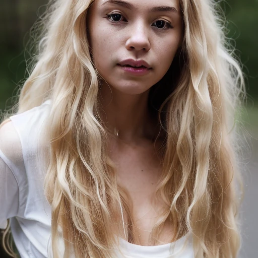 1girl in, 25, Solo, Long wavy hair, , long messy windy blonde hair, looking at camera, o-face, blonde hair, jewelry, Full body, (extremely detailed 8k wallpaper), soft lighting, high quality, film grain, Fujifilm XT3 sharp focus, f 5.6, 50mm, High Detail, Sharp focus,(natural light), (seductive), revealing, Realistic, sexy, tight white t-shirt
