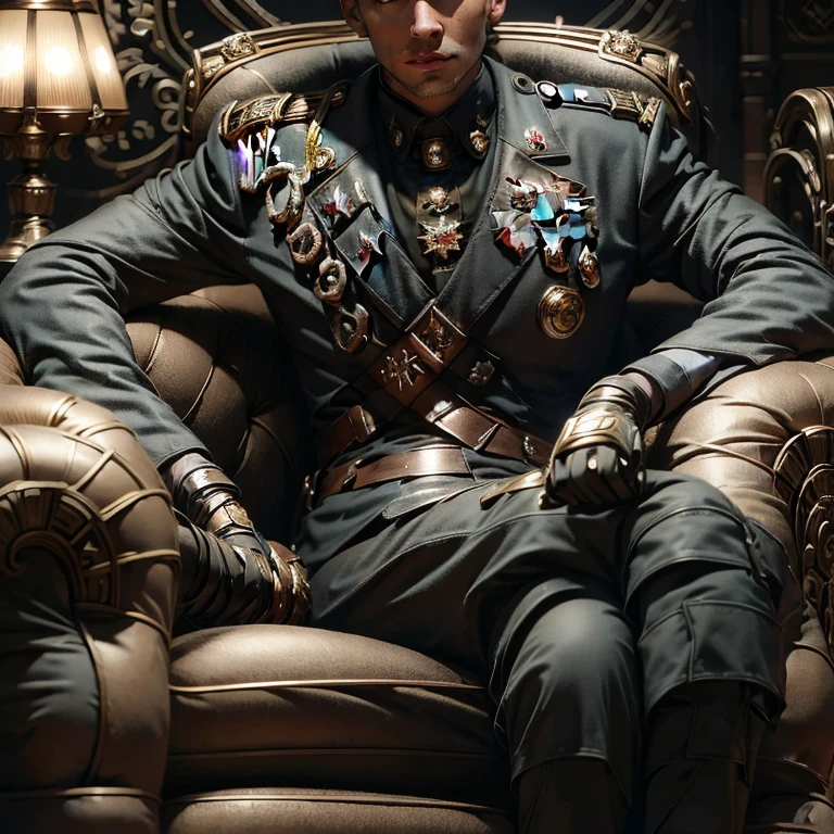 (masterpiece, best quality:1.2), a soldier men is sitting on the chair, military uniform, medals, luxurious room, forehead, cool soldier, cold, dominant, masculine, cinematic light, cinematic scenery, light effects, expanding landscape, wallpaper