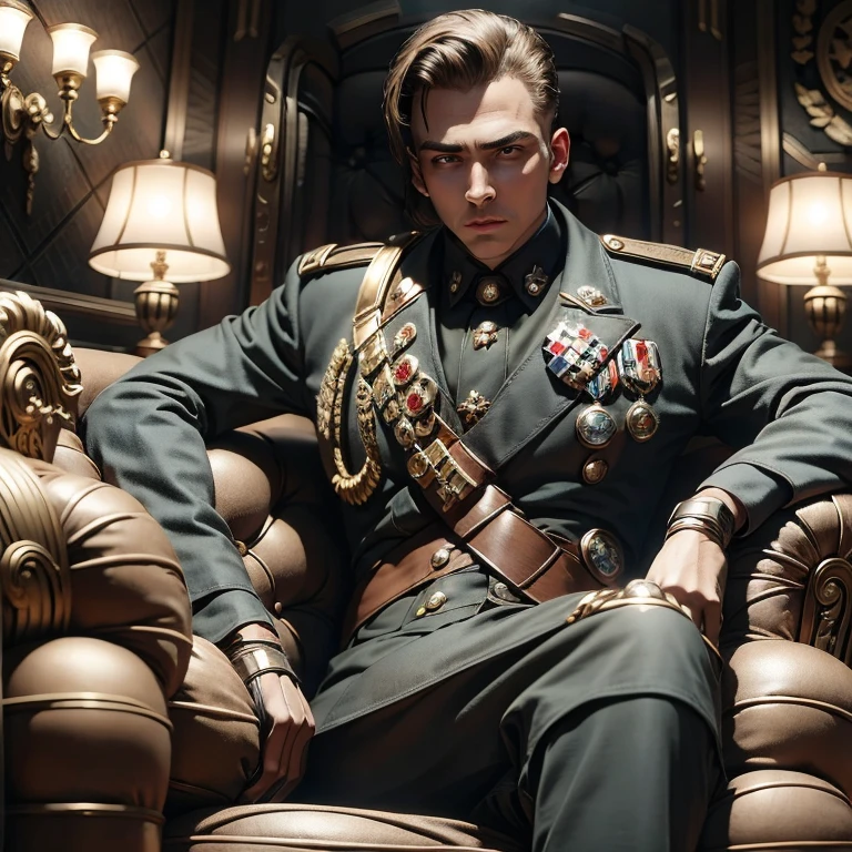 (masterpiece, best quality:1.2), a soldier men is sitting on the chair, military uniform, medals, luxurious room, forehead, cool soldier, cold, dominant, masculine, cinematic light, cinematic scenery, light effects, expanding landscape, wallpaper