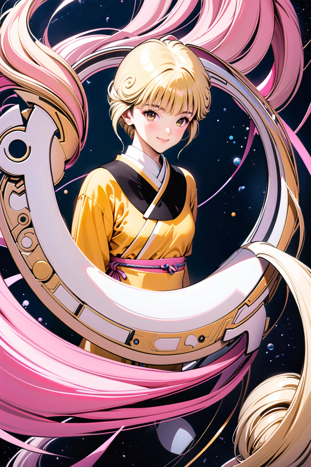 masterpiece, highest quality, divine qualities, godlike art, highly detailed face, very realistic, cute, Ai Amano,1 girl,alone,short hair,blonde hair,smile,closed mouth,brown eyes,Yellow short kimono, white pantyhose, white capelet, pink obi, pink ribbon,simple background,Upper body,Imaginary space background,