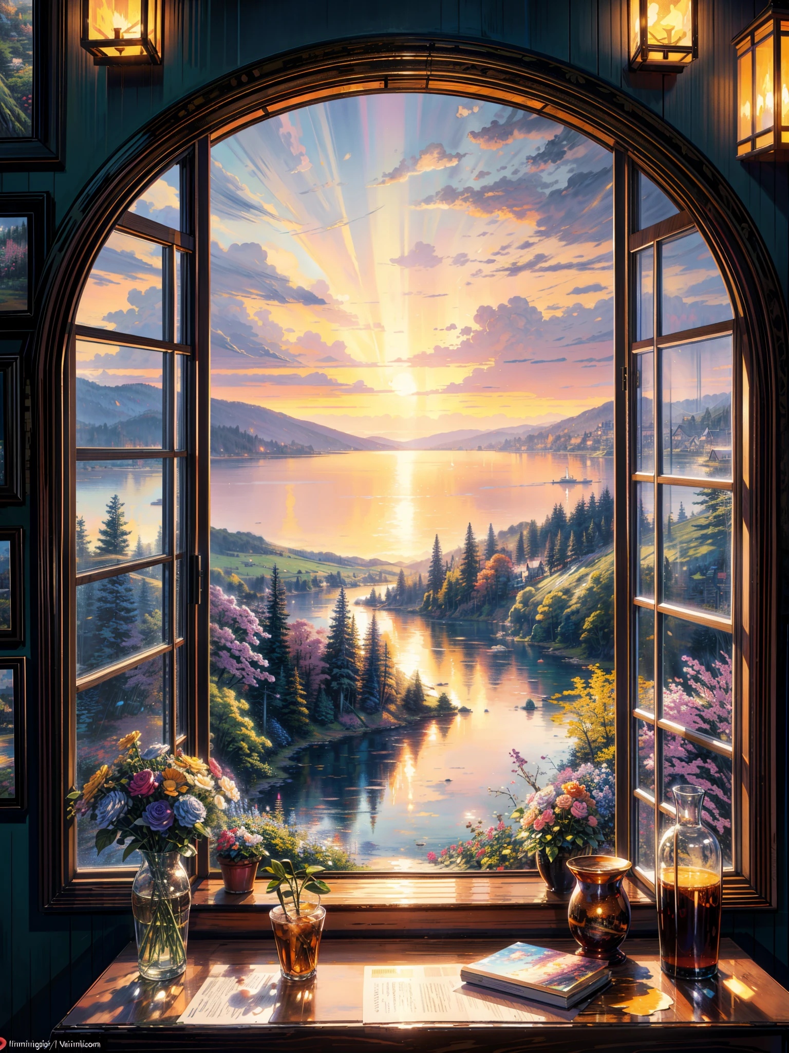 a painting of a window with a view of a lake, floral sunset, ( ( thomas kinkade ) ), dream scenery art, dan mumford and thomas kinkade, thomas kinkade style painting, tomas kinkade, scenery artwork, beautiful fantasy painting, photo of a beautiful window, painting by dan mumford, style thomas kinkade, thomas kinkade painting, painting of a room