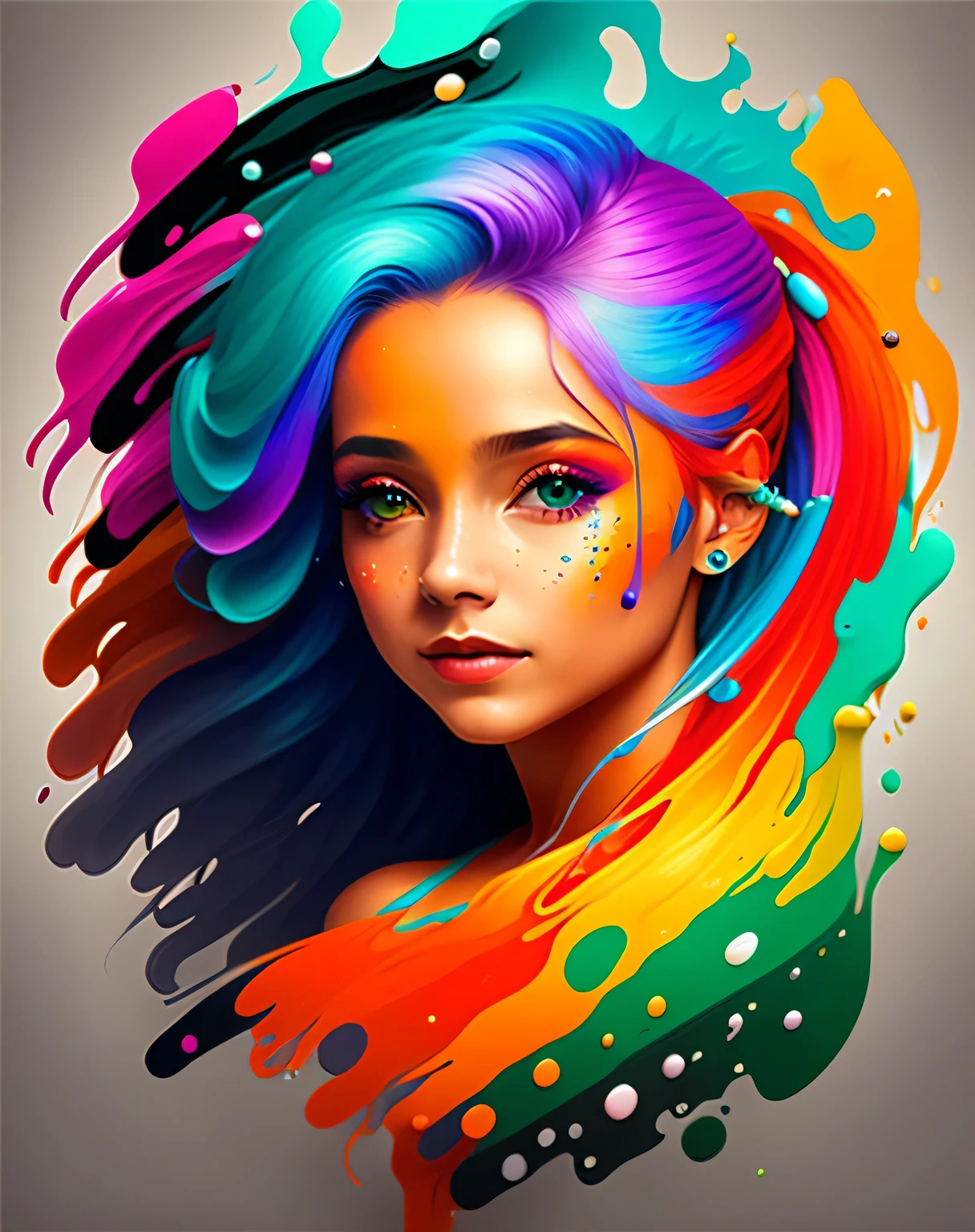 uma pintura de uma mulher com cabelo colorido, fantasy game spell icon, splashes of liquid, arte de jogos de computador, colorido hiperdetalhado, Cores de fantasia, imagem de avatar, cores azuis e laranja fortes, lindas fotos de avatares, corpo pintado com fluido preto, arte digital H 9 6 0, rico colorido