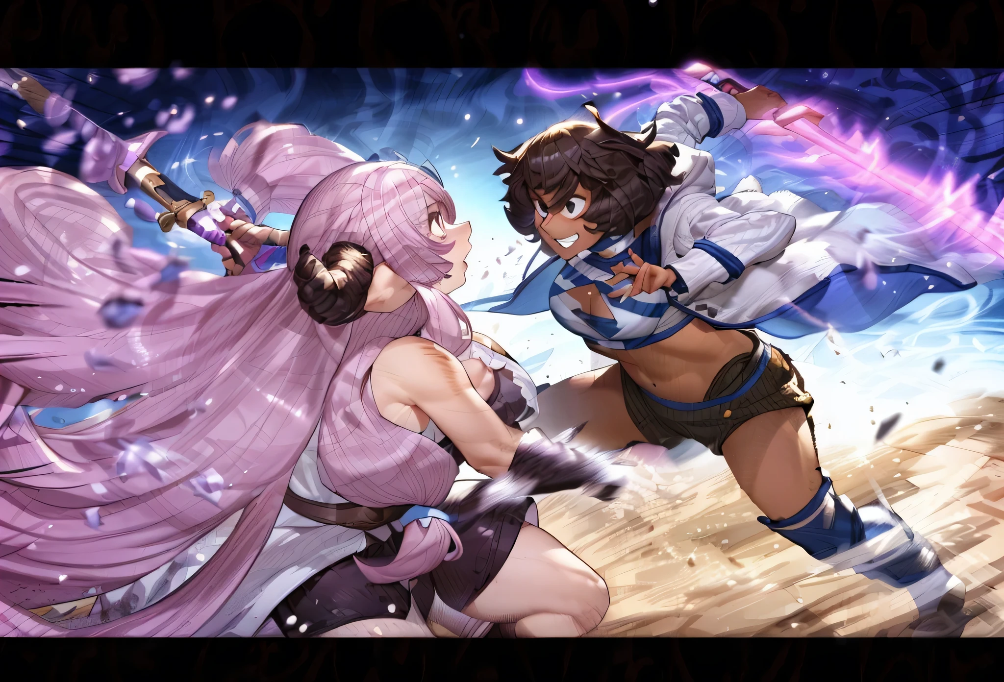 2girls,  connie maheswaran ( steven universe),narmaya ( granblue fantasy),  (connie maheswaran, age 25,blue and white striped halter top, black  microshorts, large pink sword), (narmaya, original outfit, katana, Uhd, hdr, 8k, masterpiece,  sexy swordswomen, face-to-face ,(character focused, impact frame), clashing effects, cleavage cutout, perfect bodies, perfect hands, perfect faces, perfect eyes,  incredibly sharp absurdres, incredibly sharp gradients, deep highlights,incredibly aesthetic, extremly detailed sword fight, sparring in a moonlit field,  competitve smirks, sword fighting, sword to sword,  close up, full-body, fast-paced, cel-shaded, key visual, battle art,  splash-art,  amazing quality, motion lines, motion details, , cool tones, rich atmospheric shading, intense lighting effects, action choreography, dynamic angle,  dynamic perspective, dynamic Line of action, dynamic scenery, atmospheric lighting, exciting, fun, Raw sensuality, hyper-femininity
