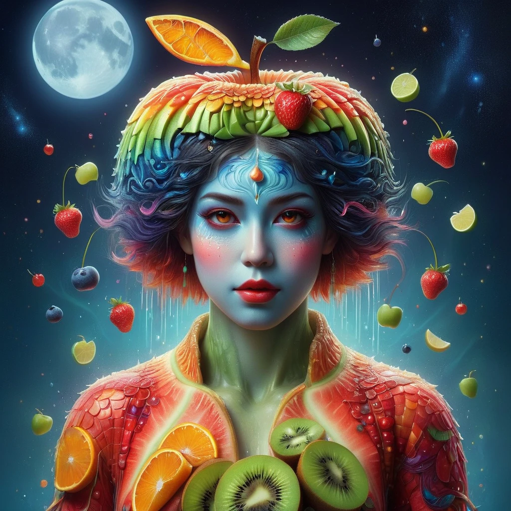 Imaginative depictions of characters made entirely of fruit pulp，The character is standing upright in a casual pose，Maybe one hand holding an apple，Body made of orange，watermelon，kiwi，Strawberries and other colorful fruit slices，A rainbow-like mosaic effect，The face is detailed and expressive，Elegantly shaped with tangerine peel and blueberry eyes，(The background depicts a convenience store at midnight:1.8)，(Bathed in the grey fog of the quiet night), (master level:1.2), Super details, Realistic, (Photorealism:1.3), first-person view, UHD, masterpiece, ccurate, anatomically correct, super detail, best quality, 8k