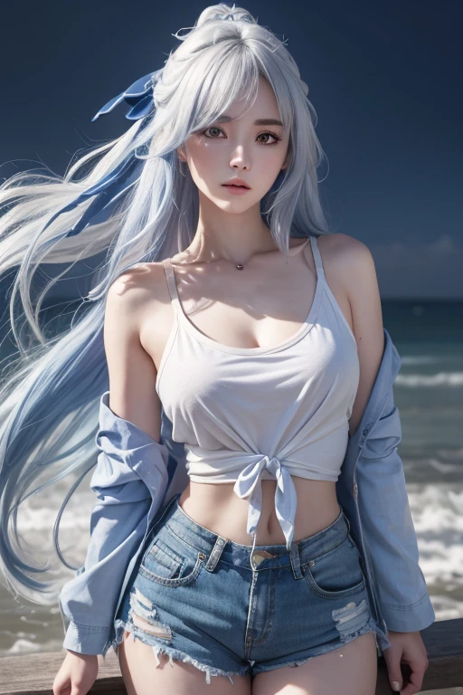 anime style、white skin、white hair、long hair、Hair with blue highlights、look up、The largest and most prominent、Colorful gas expression、seductive big breasts、woman、High-frequency detail (((sharpness))) 、( (sharp focus: 1.2))、puerosface_V1: 0.7)、(8K、highest quality)、Very large chest light)))、beautiful lighting、highly detailed face、well drawn hands、Well drawn legs、Well designed legs、exposed chest、(masterpiece: 1,2)、highest quality、masterpiece、High resolution、Original and highly detailed wallpaper、
information：casual shirt、open jacket、Wearing a tank top、shorts、Her hair is tied with a blue ribbon