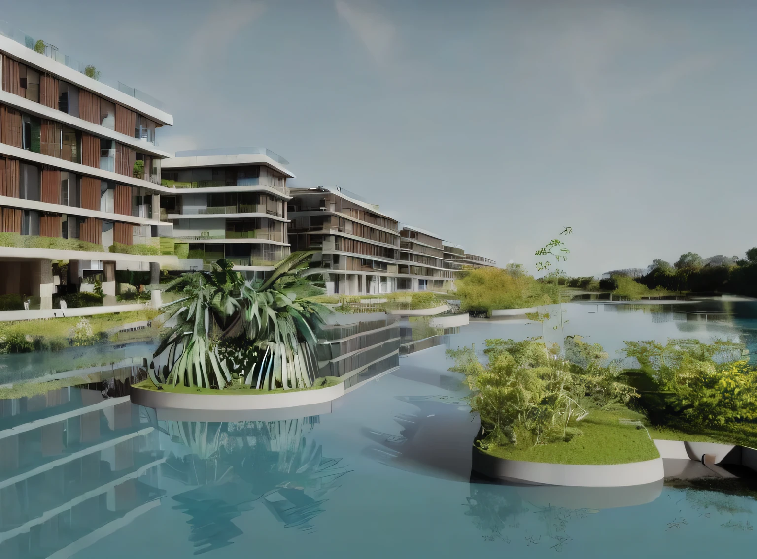 lago de agua escura, cidade, obras de arte