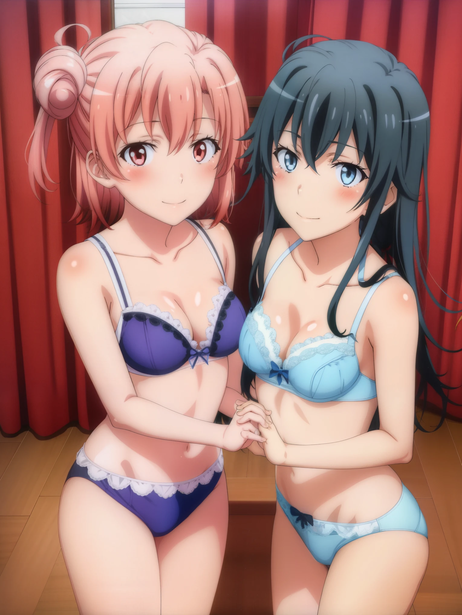 2 girls , Yukinoshita Yukino , yuigahama yui , waltz dance , In underwear,high angle,blush