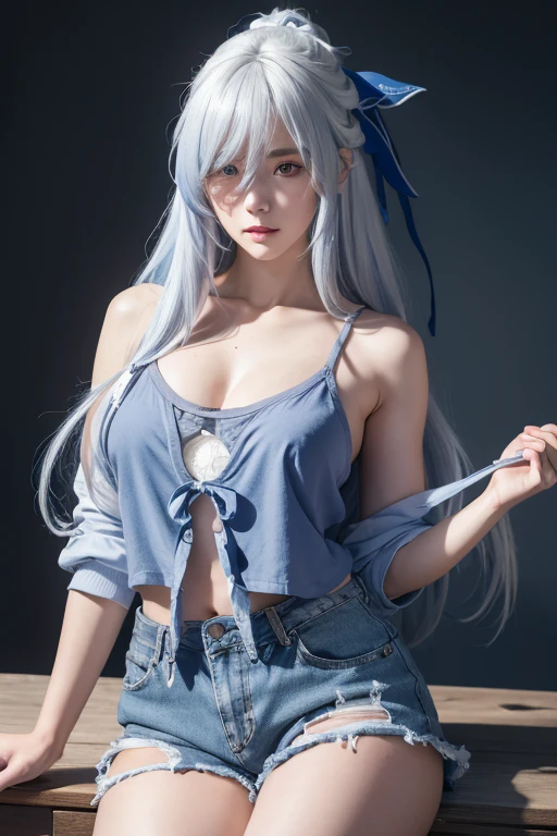 anime style、white skin、white hair、long hair、Hair with blue highlights、look up、The largest and most prominent、Colorful gas expression、seductive big breasts、woman、High-frequency detail (((sharpness))) 、( (sharp focus: 1.2))、puerosface_V1: 0.7)、(8K、highest quality)、Very large chest light)))、beautiful lighting、highly detailed face、well drawn hands、Well drawn legs、Well designed legs、exposed chest、(masterpiece: 1,2)、highest quality、masterpiece、High resolution、Original and highly detailed wallpaper、
information：casual shirt、open jacket、Wearing a tank top、shorts、Her hair is tied with a blue ribbon