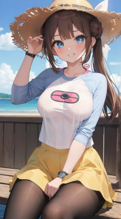 masterpiece, best quality, High resolution, b1, bun,brown hair,  blue eyes, Double tail, sun hat, black pantyhose, Raglan sleeves, shorts, shirt, 乳首がshirtから透けて見える、pink ribbon, watch, standing, Cowboy shooting, site, Monster Ball \(basic\), Grinning、(Rosa_Pokémon)、(((From the lower thigh)))、sit on face、我手里拿着大腿Monster Ball、(((The opening of your legs)))、underwear，droop，胸droop