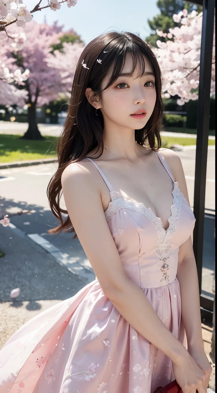 (logo、masterpiece、8K、table top、Raw photo、wonderful、最high quality、フォトリアリスティックでvery detailedな CG 統合 8k 壁紙、high quality、very detailed、Narrative poem、particle effects、dynamic effects、written boundary depth、cinematic light、Lens flare、ray tracing)、fantasy、 (1 beautiful woman、dress、dress、Cherry blossom pattern、black haired、beautiful face、real face、beautiful details eyes beautiful skin)、髪がWindで踊る、Hair flutters in Wind、hair bounces、Pink cherry blossom tree、petals dance、SakuraFubuki、wonderful景色、sunrise、Sun in the background、Wind、