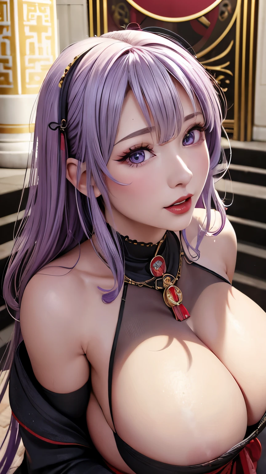 (Hyper Real), ancient shrine maiden, female shaman, giant beauty, safe, high resolution, real short hair, blonde, blonde woman, skin texture details, super high resolution, realistic, plump figure, smile, beautiful expression, small purple hair Airy long blonde hair, divine spirit, very delicate and detailed skin texture, (ancient luxury luxury temple), ancient priestess, big cleavage, plunging neckline, big red lips , (luxurious black costume and luxurious accessories)