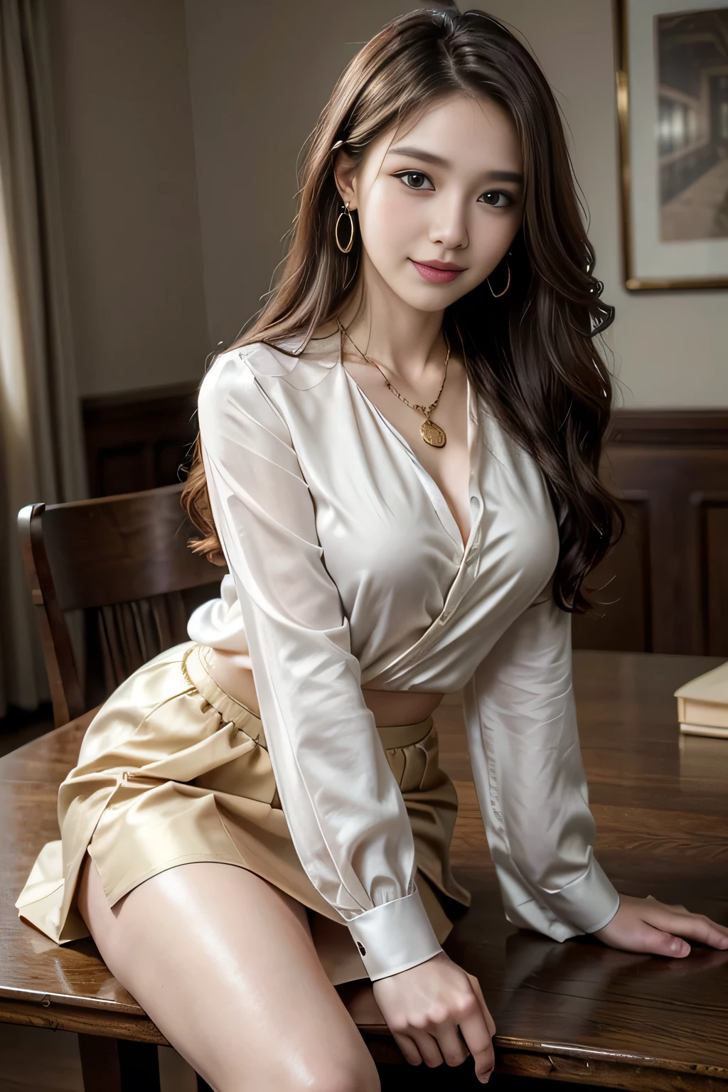 table top, highest quality, realistic, Super detailed, finely, High resolution, 8k wallpaper, 1 beautiful woman,, sharp focus, perfect dynamic composition, beautiful and detailed eyes, thin hair, Detailed realistic skin texture, smile, close-up portrait, model body shape、president&#39;secretary、mini skirt、high heels、whole body、suit,((brown semi-long hair:1.2))((A wave that curves gently inwards:1.2)),((gold necklace＿big earrings:1.2)),((shy smile:1.3)),((Blouse and skirt, Wearing a white silk blouse,Please wear a white shirt and a dark purple skirt.:1.3)), 、whole bodyショット、((Standing whole body figure supermodel, whole bodyがフレーム内に収まる))、in a luxurious room、