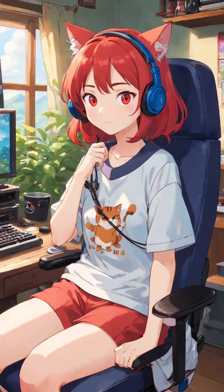 Girl, sitting in the gaming chair, wearing jersey tshirts, with a name luna in the jersey, red hair and red eye, cat eat headphones, playstation controller