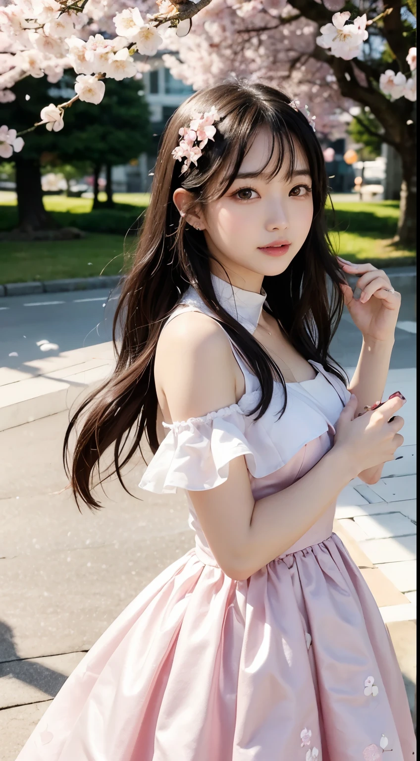 (logo、masterpiece、8K、table top、Raw photo、wonderful、最high quality、フォトリアリスティックでvery detailedな CG 統合 8k 壁紙、high quality、very detailed、Narrative poem、particle effects、dynamic effects、written boundary depth、cinematic light、Lens flare、ray tracing)、fantasy、 (1 beautiful woman、dress、dress、Cherry blossom pattern、black haired、beautiful face、real face、beautiful details eyes beautiful skin)、髪がWindで踊る、Hair flutters in Wind、hair bounces、Pink cherry blossom tree、petals dance、SakuraFubuki、wonderful景色、sunrise、Sun in the background、Wind、