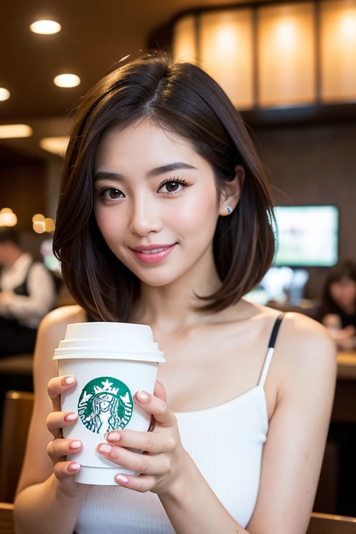 ((highest quality)), ((masterpiece)), (become familiar with), perfect face, masterpiece、highest quality、High resolution、wallpaper、realistic、bright lighting、professional lighting、face light、smooth lighting、japanese woman、20th Gen Midplate、super beautiful、beautiful skin、beautiful and detailed eyes、become familiar with顔、slim、moderately、short hair、brunette colored hair、brown eyes、look at the camera、commercial photography, Beautiful Instagram Influencer Girls, best smile,daytime、Hand of blonde woman at starbucks showing her new caramel latte, cup to go, long red nails --ar 9:16 --style raw --stylize 50