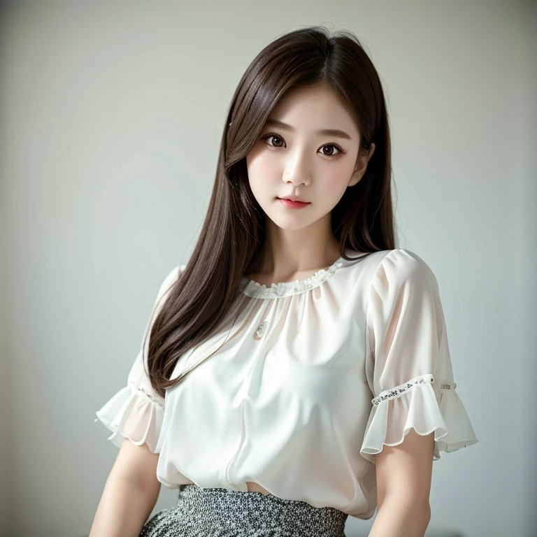 ((masterpiece)), ((highest quality)), (Super detailed), ((very detailed)), 4k, (8K), highest quality, alone,white room、kind face、soft light、portrait photography、chiffon blouse、chiffon skirt 、